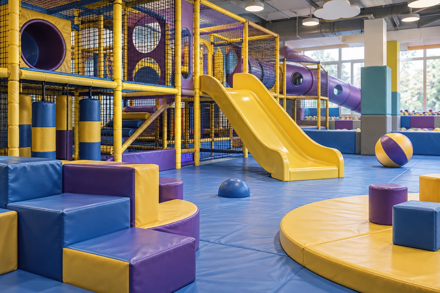 Illustrativer farbiger Indoor-Spielbereich mit Rutsche und weichen Spielelementen